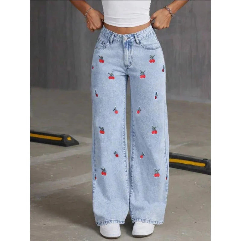 Jeans Bordados Cintura Alta — Desgastados Streetwear Mujer