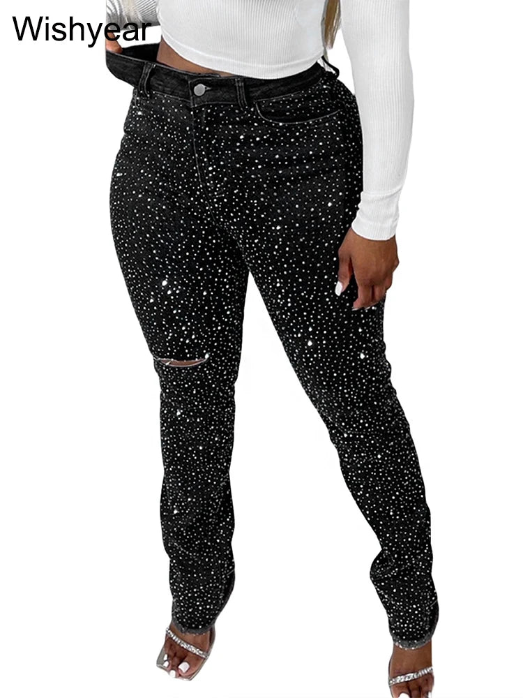 Jeans Skinny Diamantes Rotos — Cintura Alta Y2K Streetwear Mujer