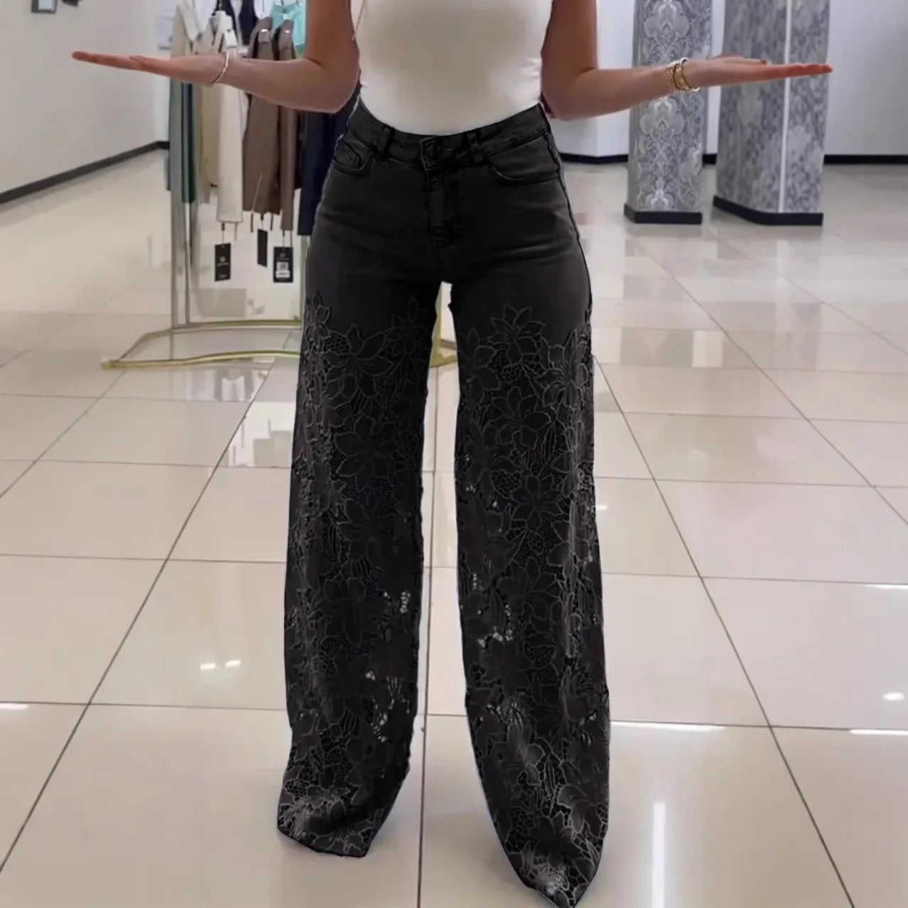 Jeans Elegantes con Encaje — Cintura Alta Oversized Mujer