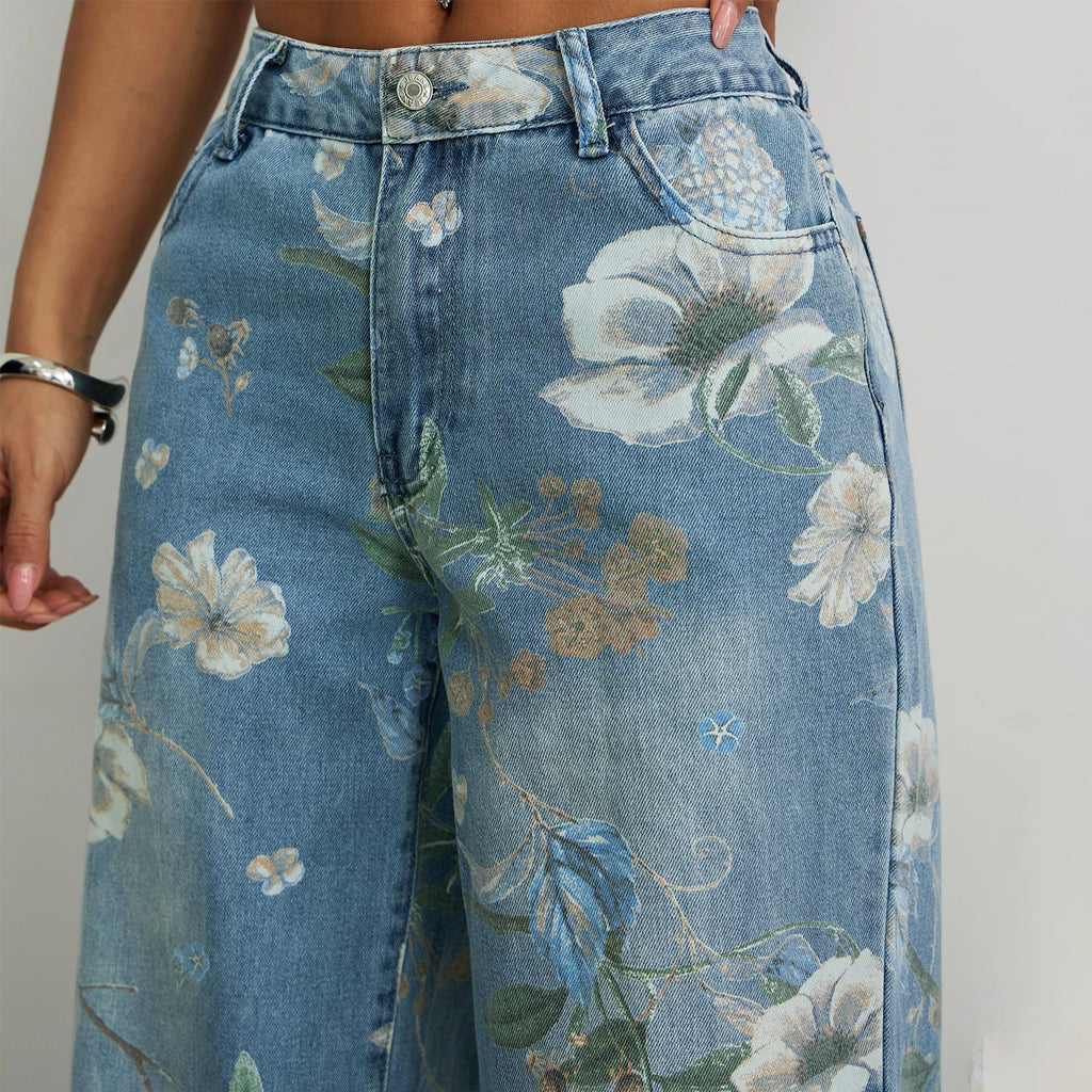 Jeans Floral Bordado Wide Leg — Ligeros Cintura Media Mujer