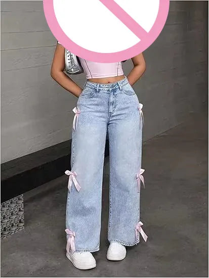 Jeans Y2K Street Girl con Lazo — Lavados Pierna Recta Mujer