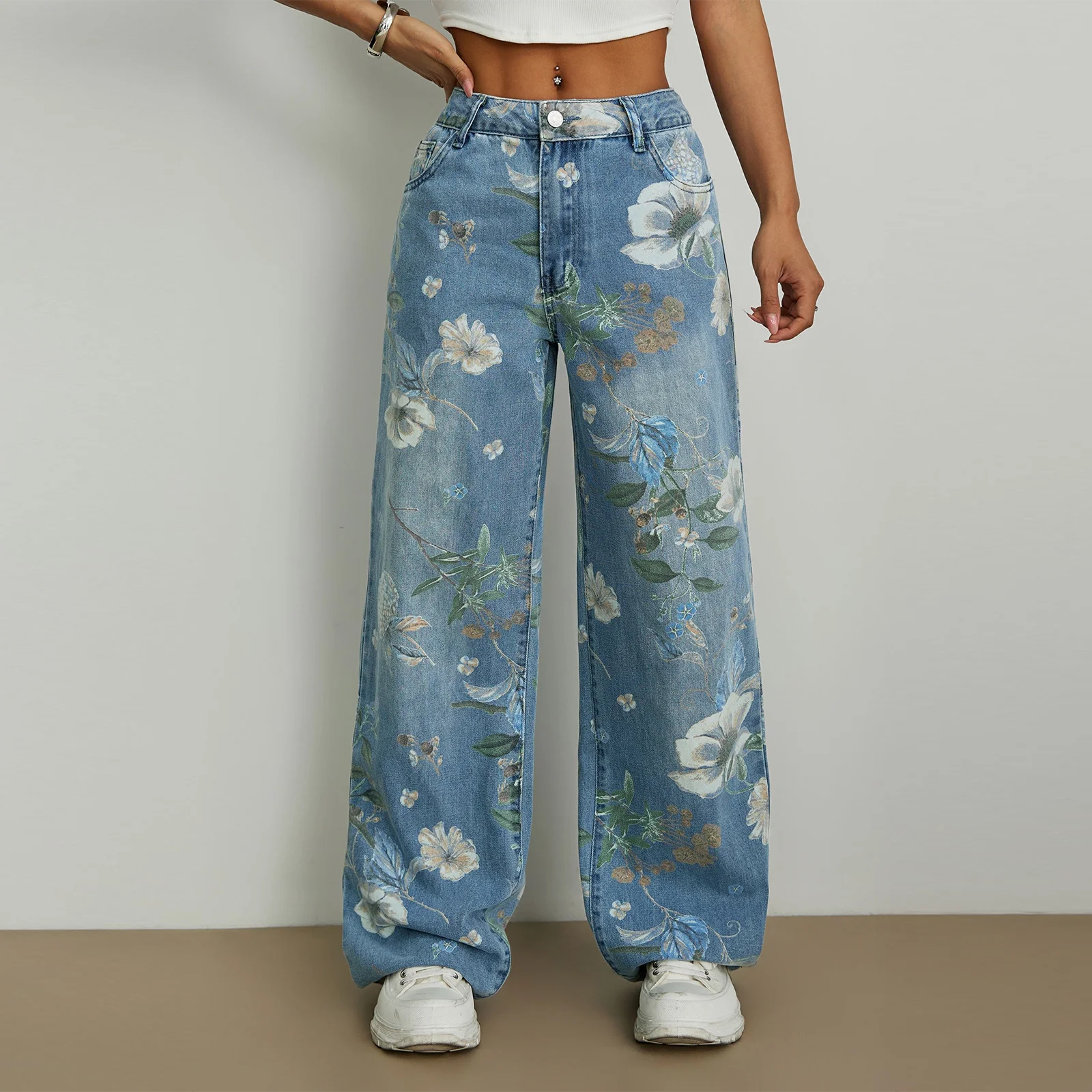 Jeans Floral Bordado Wide Leg — Ligeros Cintura Media Mujer