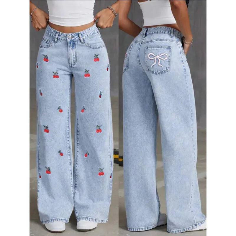 Jeans Bordados Cintura Alta — Desgastados Streetwear Mujer