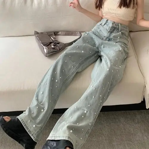 Jeans Rectos Azul con Perlas — Streetwear Baggy Chic Mujer