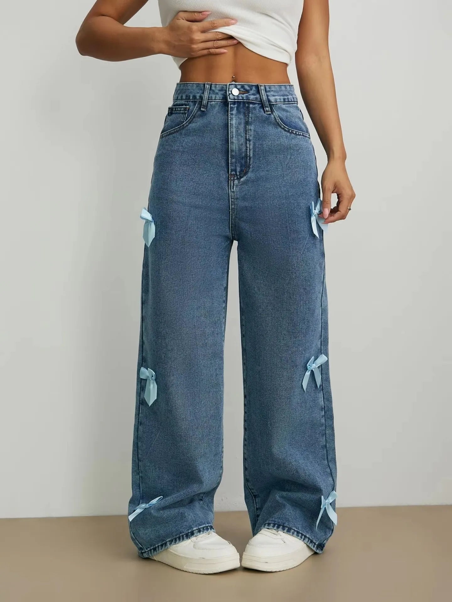 Jeans Y2K Street Girl con Lazo — Lavados Pierna Recta Mujer