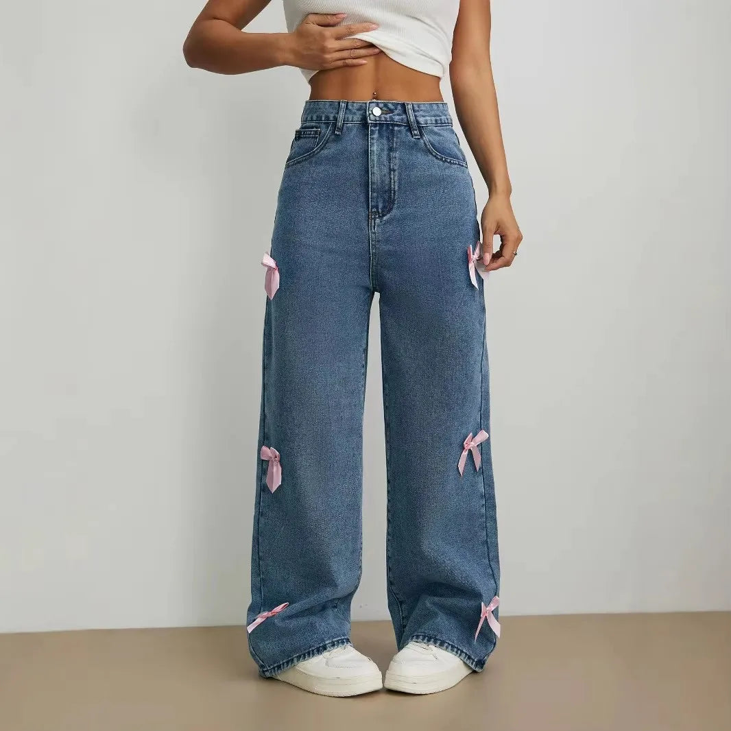 Jeans Y2K Street Girl con Lazo — Lavados Pierna Recta Mujer