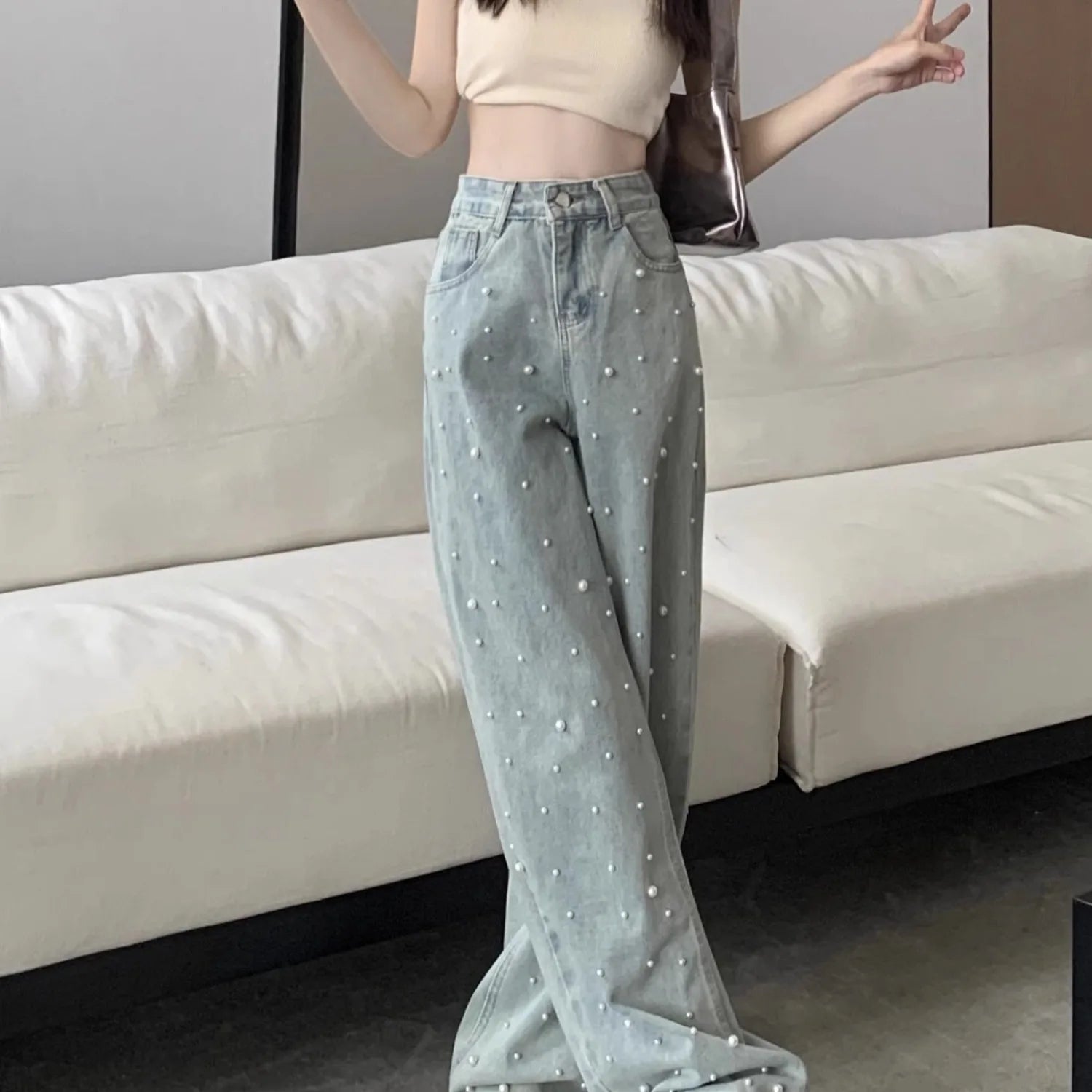 Jeans Rectos Azul con Perlas — Streetwear Baggy Chic Mujer