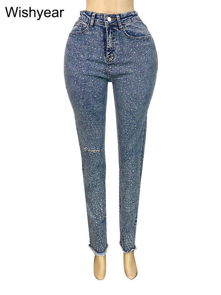 Jeans Skinny Diamantes Rotos — Cintura Alta Y2K Streetwear Mujer