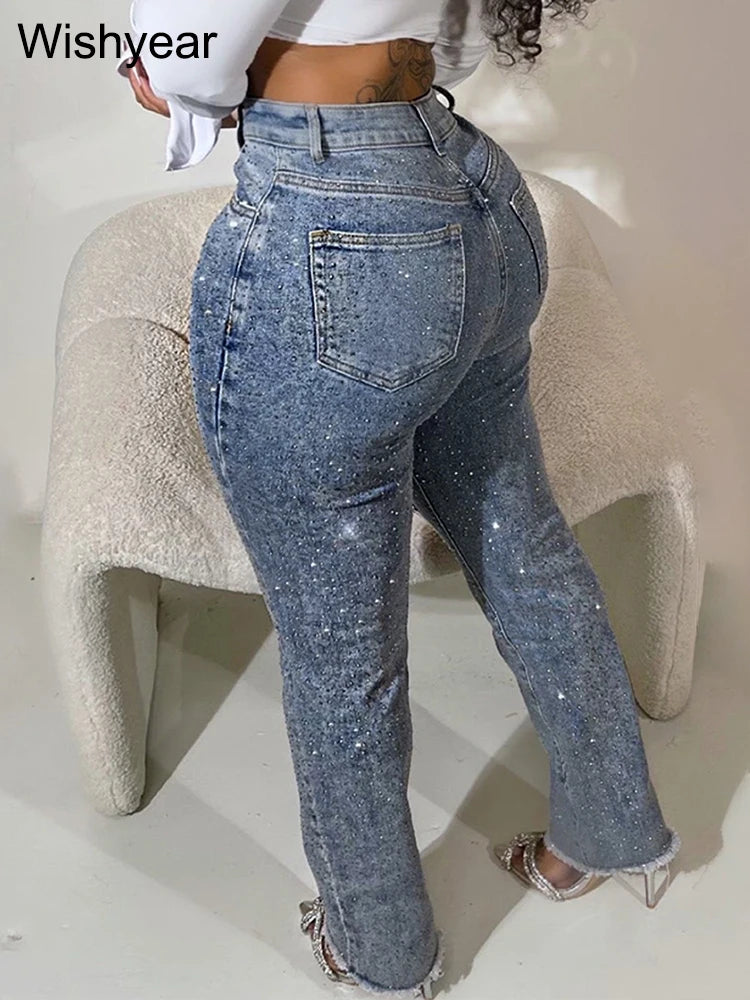 Jeans Skinny Diamantes Rotos — Cintura Alta Y2K Streetwear Mujer