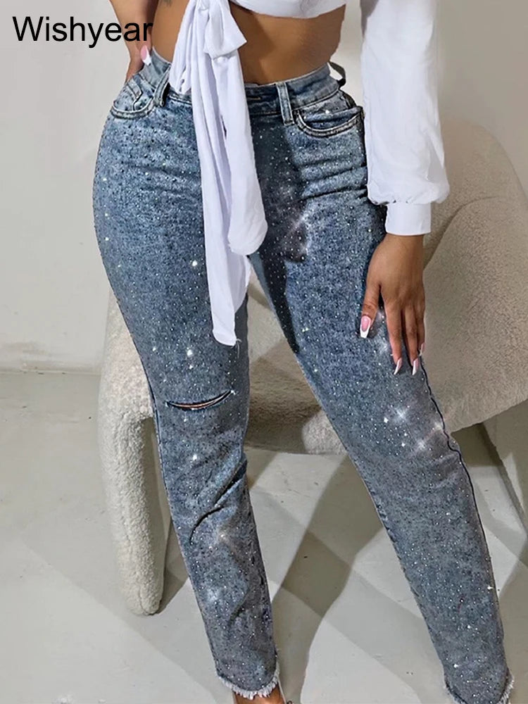 Jeans Skinny Diamantes Rotos — Cintura Alta Y2K Streetwear Mujer